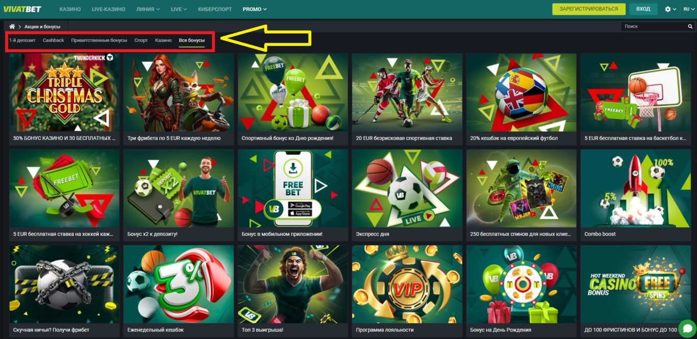 VivatBet основные виды бонусов по коду